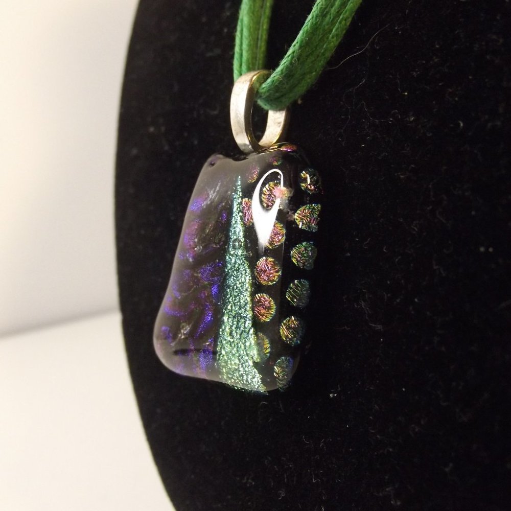 Purple Green Black Glass Pendant Necklace on Green cord